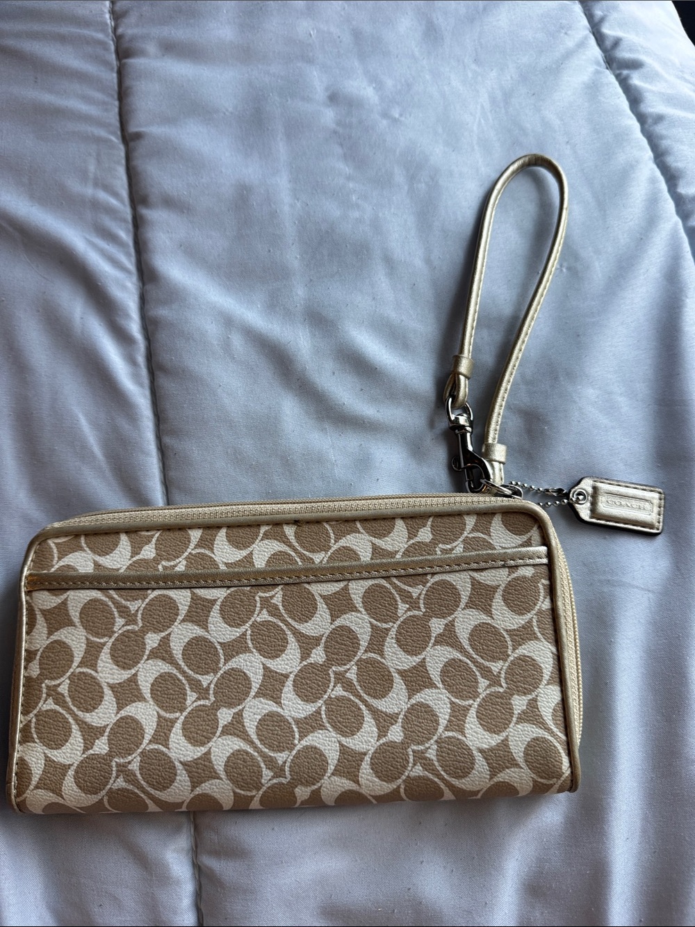 Coach Beige Signature Canvas Wristlet with Gold Trim
